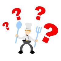 A chef holding a fork and spoon with question marks vector