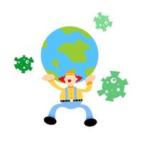 A cartoon man holding up a globe with a clown on it vector