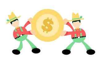 Two men in hats and green pants are holding a coin vector