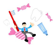 A cartoon man sitting on a toothbrush and candy vector