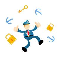 A cartoon man in a blue uniform is surrounded by various items vector