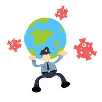 A cartoon policeman holding up a globe with a virus around it vector