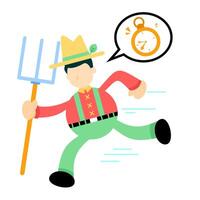 A farmer with a pitchfork and a clock vector