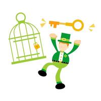 A leprechaun is trying to open a cage with a key vector