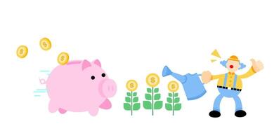 A cartoon piggy bank with a man watering it with money vector