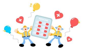 Two clowns holding up a pill box with balloons vector