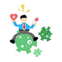 A man sitting on a green heart and holding a pill vector