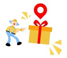 A clown is holding a gift box with a map pin on it vector