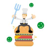 Chef on burger with fork and knife vector
