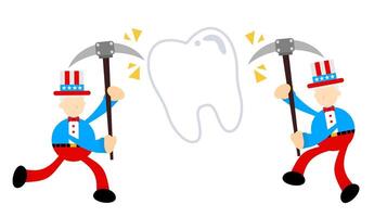Two cartoon characters holding a tooth and a hammer vector