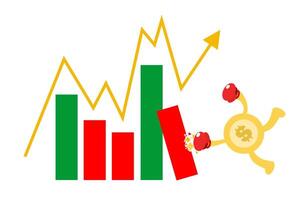 A cartoon character is holding a coin and a bar chart vector