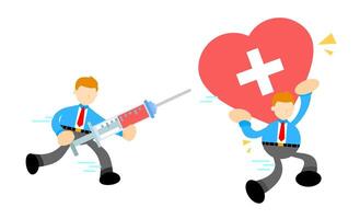Two men in business suits are carrying a heart with a syringe vector