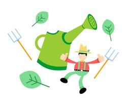 A man is holding a watering can and a rake vector