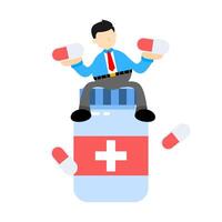 A man sitting on top of a pill bottle with pills vector