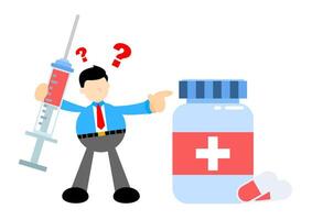Man with syringe and pill vector
