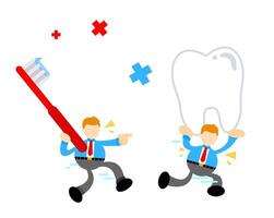 Two cartoon men are holding toothbrushes and one is holding a tooth vector