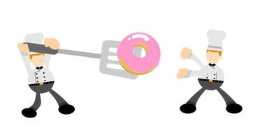 Two chefs are holding a donut with a spatula vector