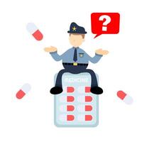 A policeman is sitting on a table with pills and question marks vector