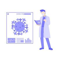 Man in lab coat and glasses looking at a covid-19 graph vector