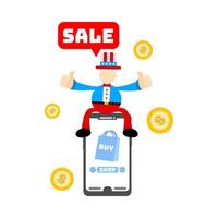 Us citizen on smartphone with sale sign vector