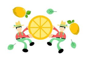 Two men in hats holding a lemon vector