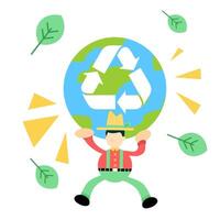 A man is carrying a globe with recycling symbols vector