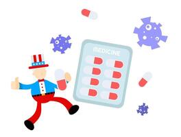 A cartoon character in a hat is running with pills vector