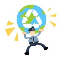 A cartoon policeman holding up a globe with a recycling symbol vector