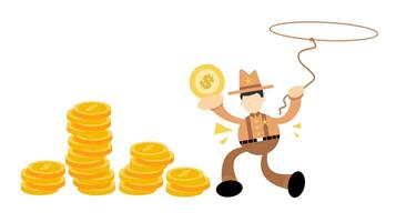 A cartoon man holding a rope and a stack of coins vector