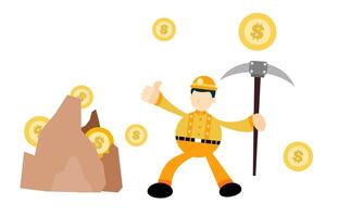 A cartoon miner with a pickaxe and coins vector
