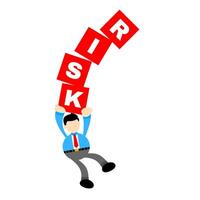 A cartoon man holding up a block with the word risk vector