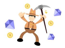 A cartoon man with a pickaxe and money vector