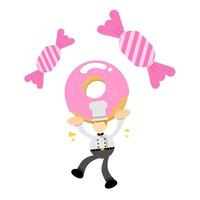 A cartoon man holding a pink donut vector