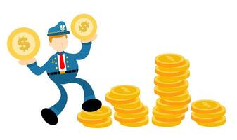 A cartoon policeman is standing on top of stacks of coins vector