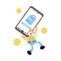A man is holding a phone with a buy button on it vector