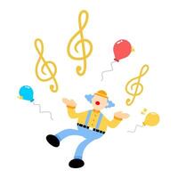 A clown is flying with balloons and musical notes vector