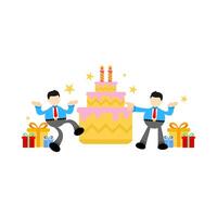 Two men are standing near a cake with candles vector
