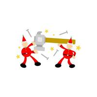 Two men in red suits holding a hammer vector