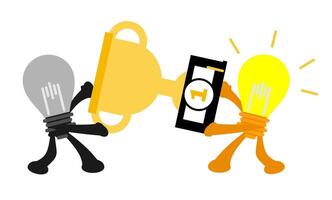 Two cartoon characters holding a light bulb and a trophy vector