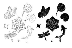 A set of lotuses with leaves, a bud, seeds, kingfisher birds, butterfly, for making stylish compositions and a set of isolated object vector