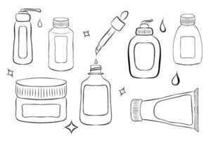 Cosmetic Bottles Signs Black Thin Line Icon Set Include of Cream, Lotion, Shampoo, Spray and Soap. illustration of Icons vector