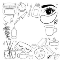 skincare routine tools frame. line frame with hand drawn illustrations of aroma diffuser, serum, sleeping mask, candle, eye patch, mug, cream and other cosmetics. vector