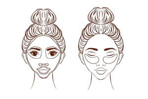 Face masks, beauty treatment thin line icons set illustration. Outline female characters apply clay or cream mask with brushes, circles of patch applications and cucumber for eyes and skincare vector
