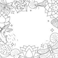 Japanese carp swims among water lilies. View from above. Line drawing of koi fish. Frame in the form of a Japanese pond. space for text on packaging, invitations, cards, websites, etc. image. vector