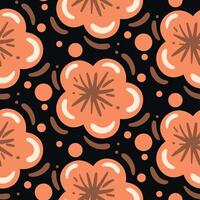 A pattern with orange flowers and dots on a black background vector