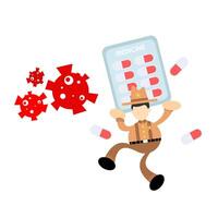 A cartoon man is holding a pill box with a red virus on it vector