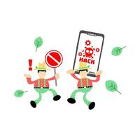 Two people holding up a phone with the words hack on it vector