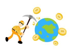 A cartoon miner is holding a pickaxe and digging up coins vector
