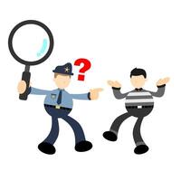 A cartoon policeman pointing at a man with a magnifying glass vector