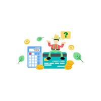 A man sitting on top of a credit card with money and coins vector